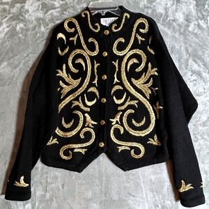 Petite Sophisticate Black Gold Embroidered Cardigan Sweater Petite M Baroque